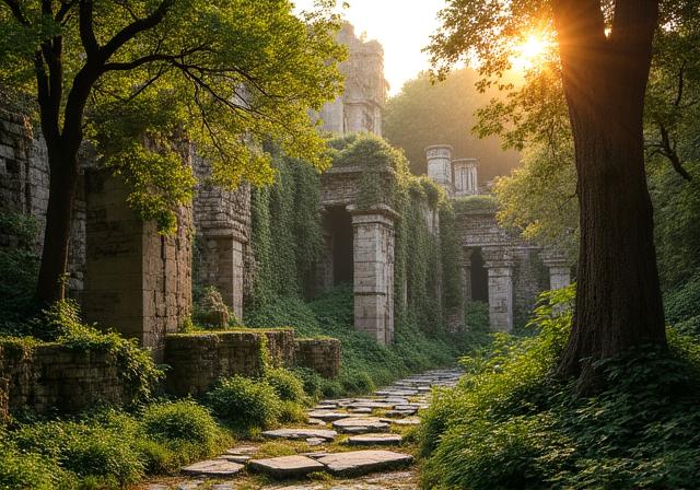 Antiche rovine romane immerse in un bosco rigoglioso durante l'ora d'oro