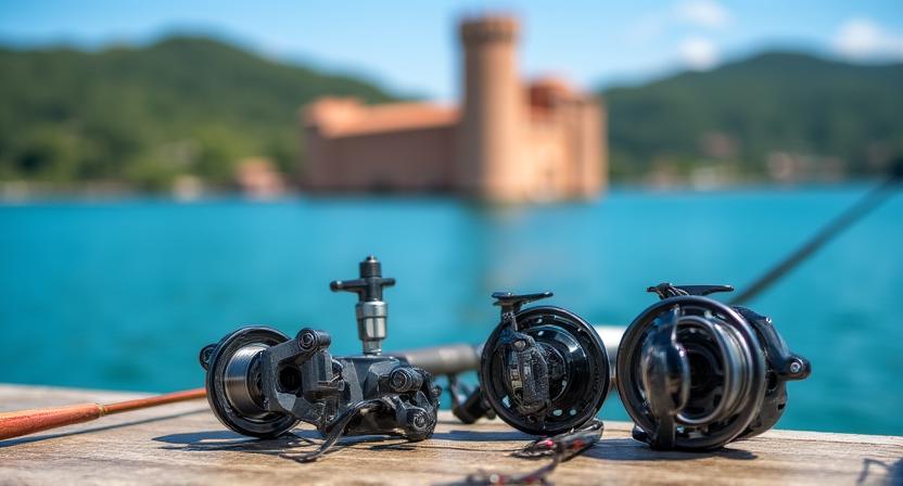 Veduta del Lago di Bracciano con canne da pesca in primo piano