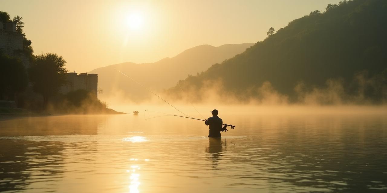 Un pescatore all'alba su un lago calmo nel Lazio
